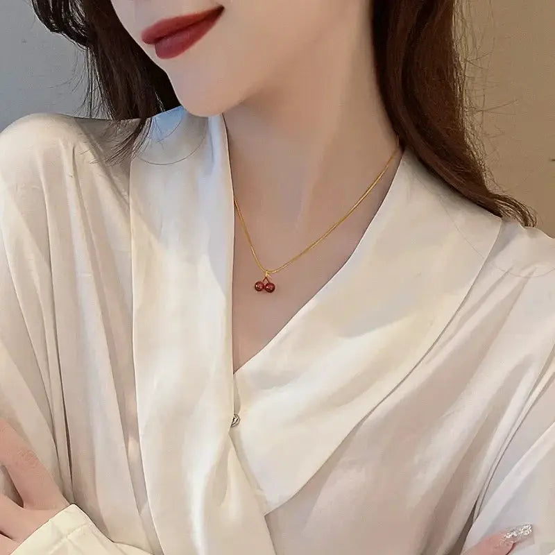 Wine Red Cherry Pendant Necklace For Women With Golden Chain Fashion Jewelry Party Wear Birthday Gift