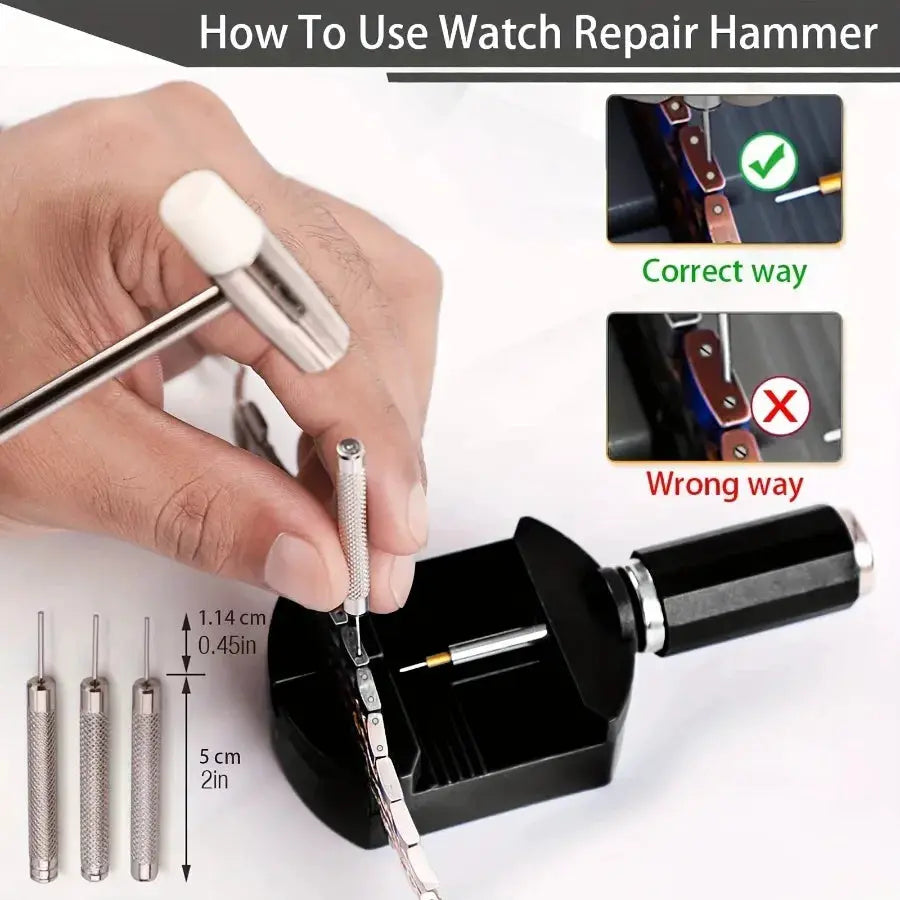 3-piece watch link removal tool kit in silver with knurled pin punches on a black stand