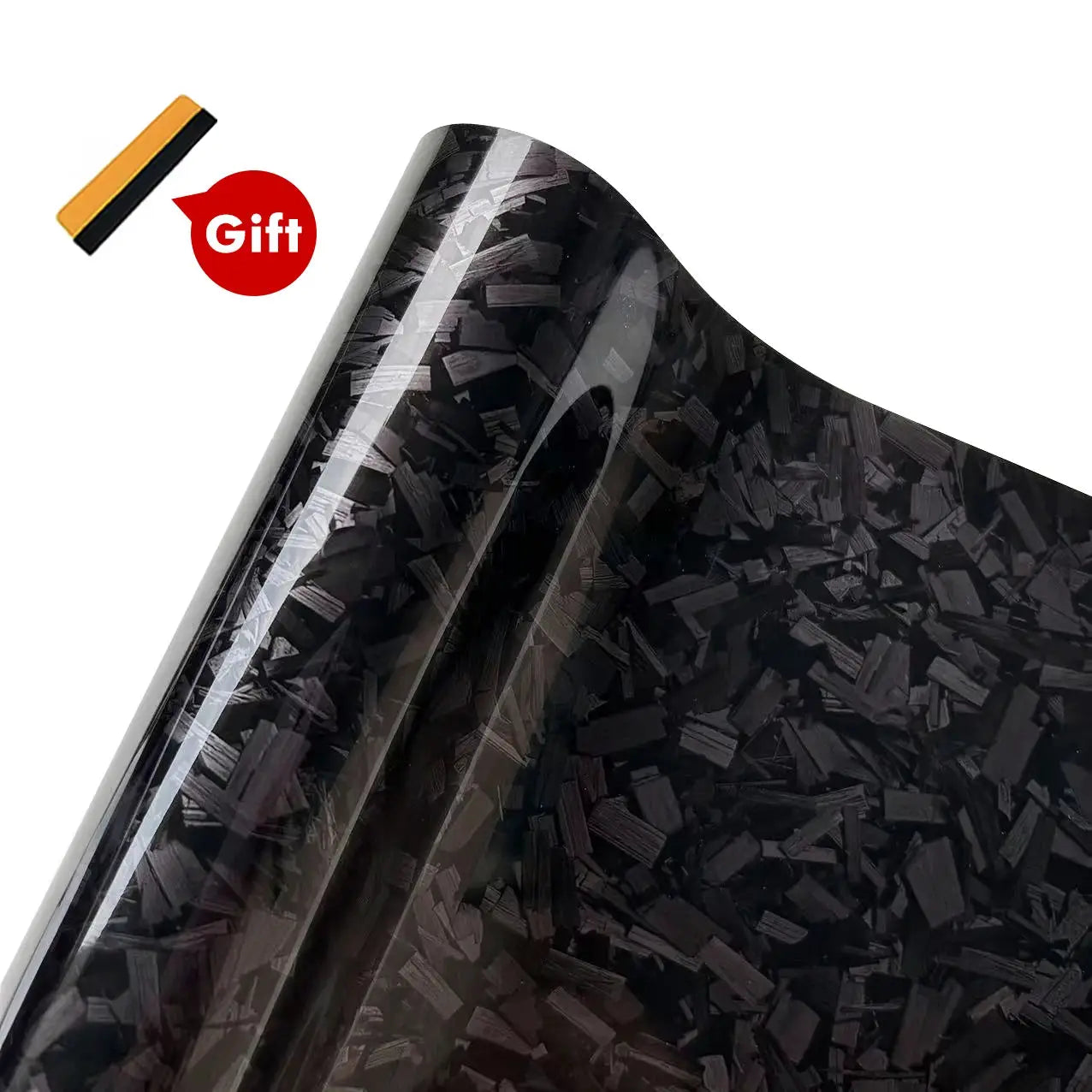 Car carbon fiber vinyl wrap film, glossy black, self-adhesive and anti-scratch; gift squeegee included