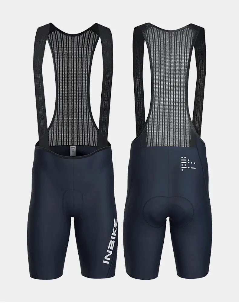 INBIKE men's MTB cycling bib shorts pair; navy blue fabric with black mesh bibs and white INBIKE logo