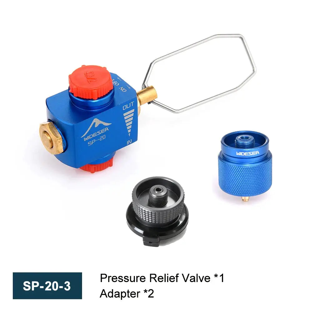 Widesea SP-20 camping propane refill adapter kit with blue valve, red cap, brass fittings, plus blue and black adapters