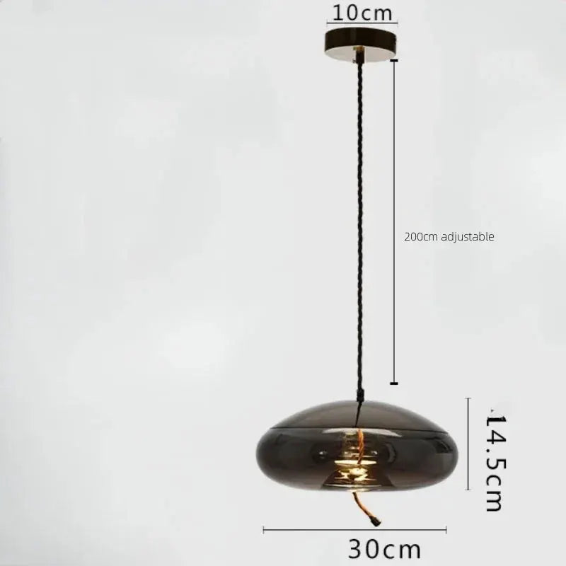 Blue glass pendant lamp with hemp rope cord, 30 cm diameter and 200 cm adjustable hanging length.