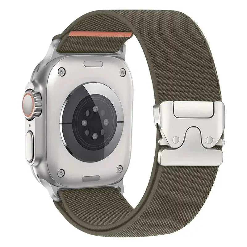 Braided elastic nylon strap for Apple Watch Ultra 2, olive-brown with metal clasp