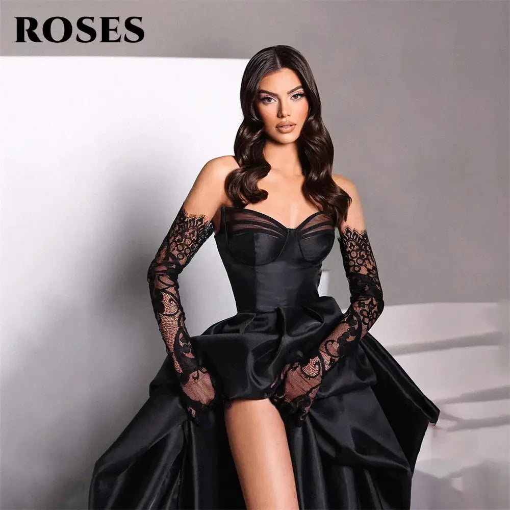 A Line Black Prom Dress Satin Sweetheart Neckline Sleeveless Pleated