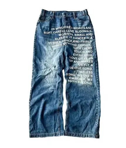 Deeptown Vintage Letter Print Y2K Harajuku Wide Leg Denim Pants