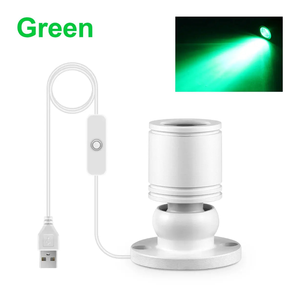 Colorful LED spotlight USB 5V mini ceiling light on a round base with a green beam