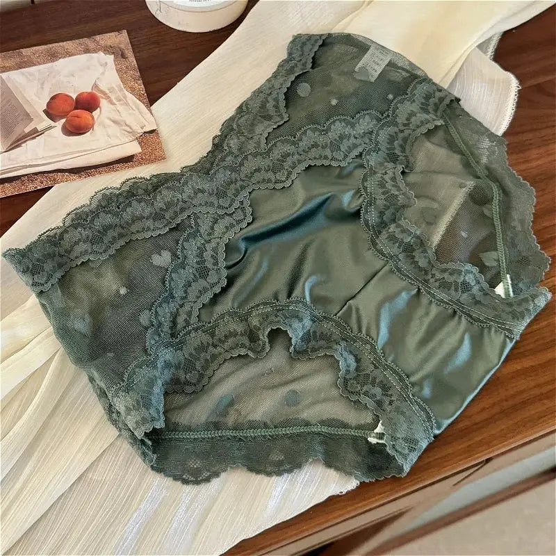 Green lace high-waist panties with sheer panels and satin panel, breathable underwear