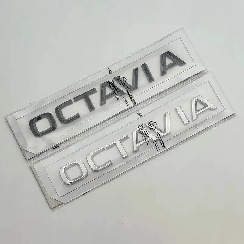 Octavia rear badge letters set in 3D chrome finish; ABS plastic, black and silver options, two emblems for Mk3 Octavia.