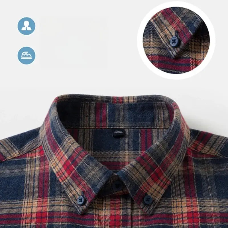 Men's plaid flannel shirt by Simples Market, 100% cotton, multi-color navy/red/tan, button-down collar.