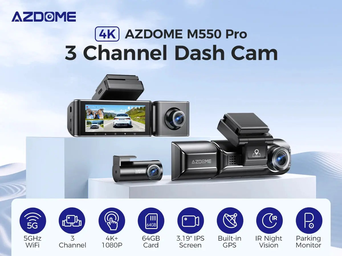 AZDOME M550 Pro Dash Cam Kit, 3-channel, 4K+1080P, 3.19in IPS display, GPS