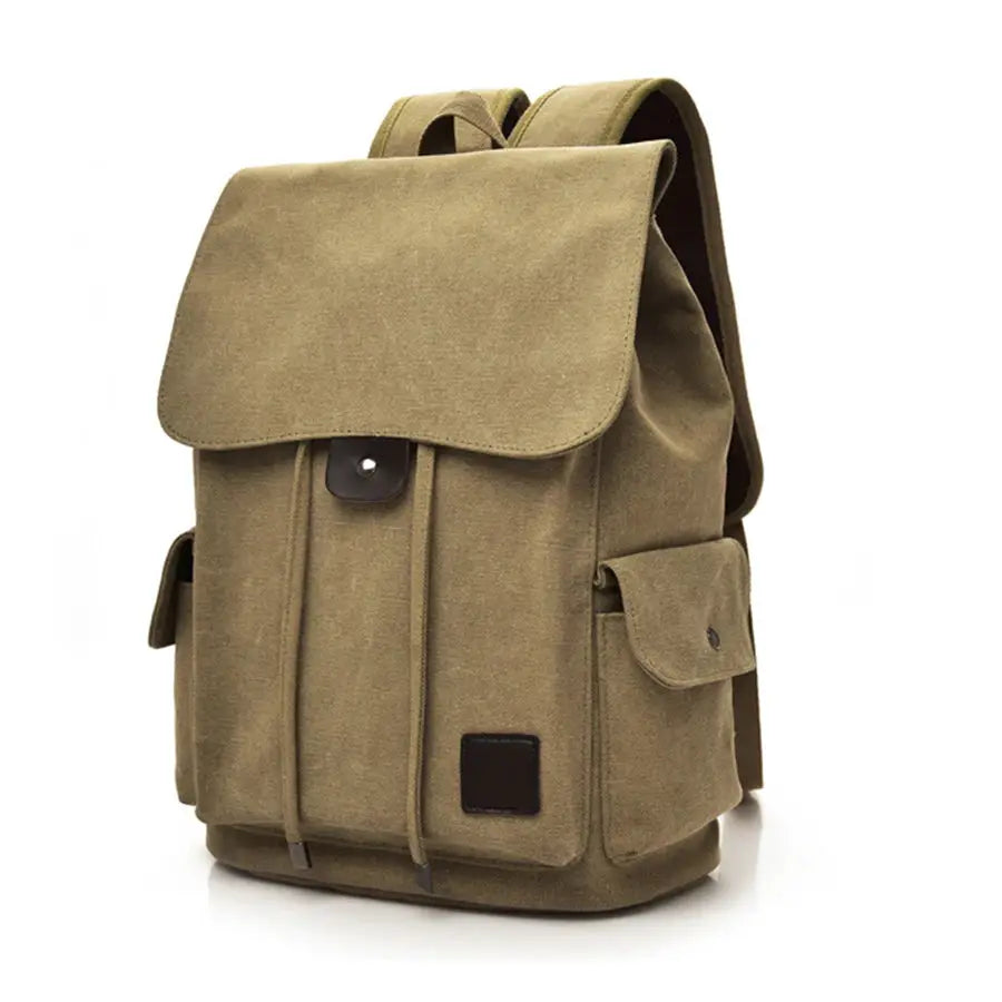 Simples Market canvas backpack, tan khaki, large men’s school bag with front flap and side pockets.