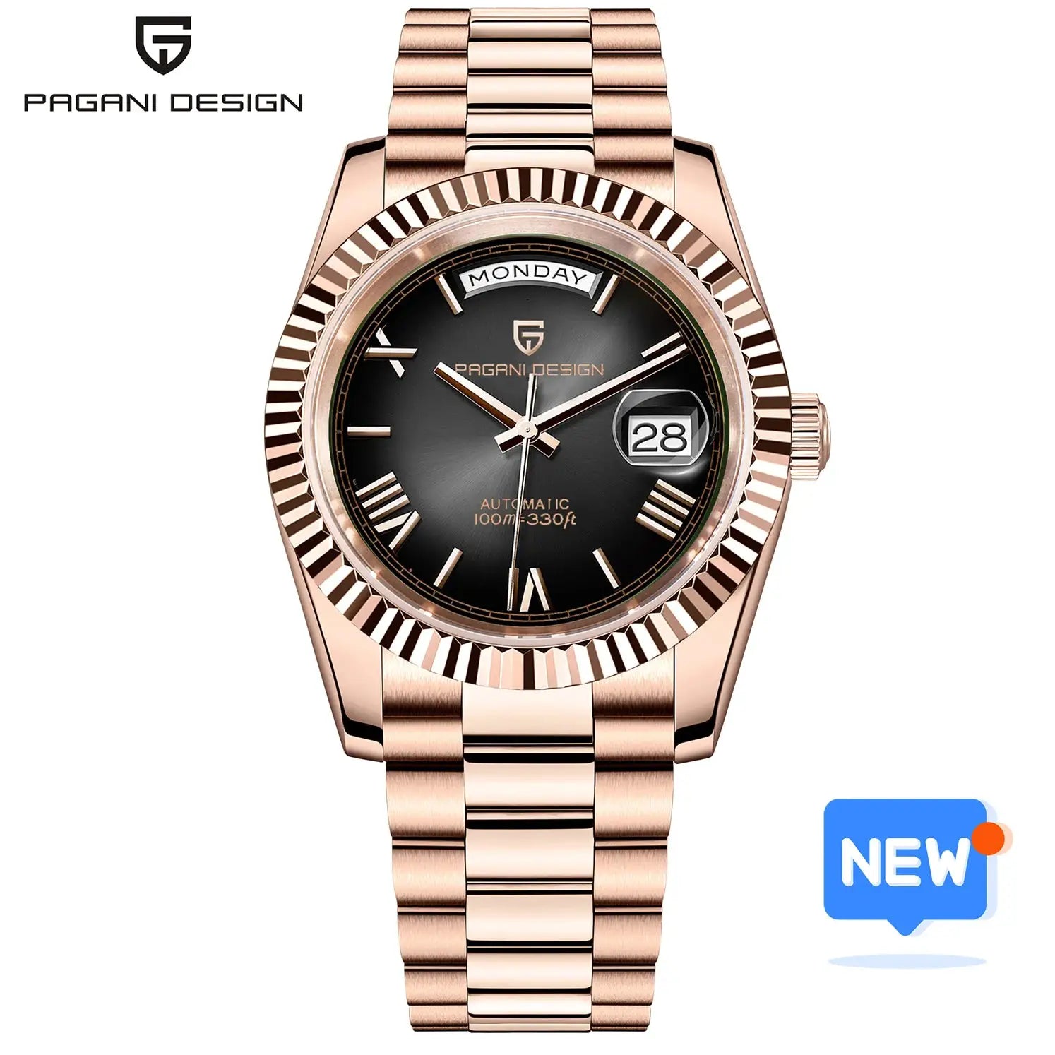 Pagani Design DD36 men's rose-gold automatic watch with black dial, day display at 12 and magnified date, bracelet