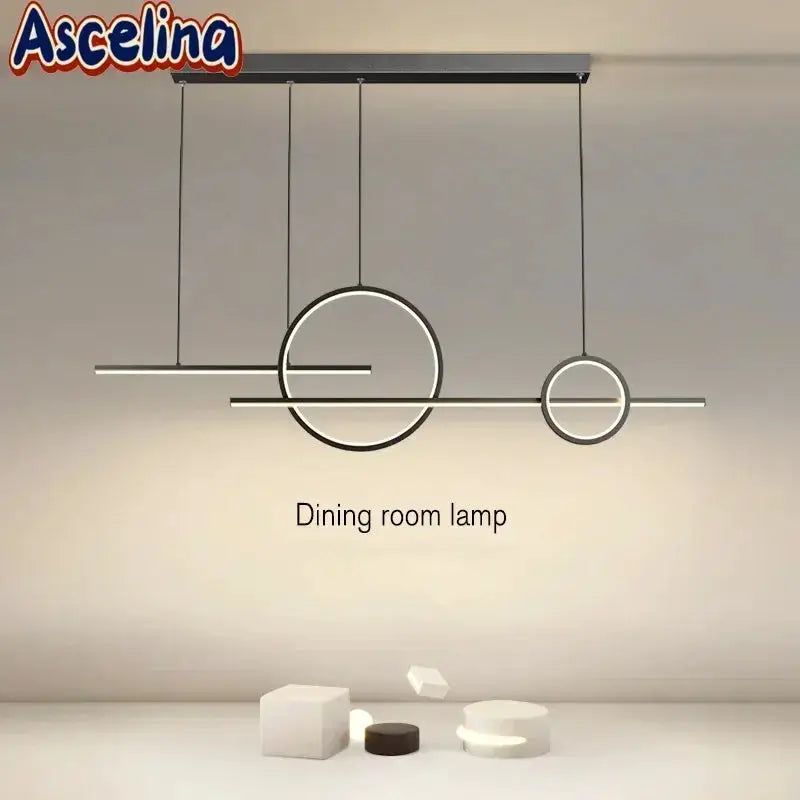 Modern LED chandelier pendant light with circular ring and horizontal bar accents, Ascelina branding