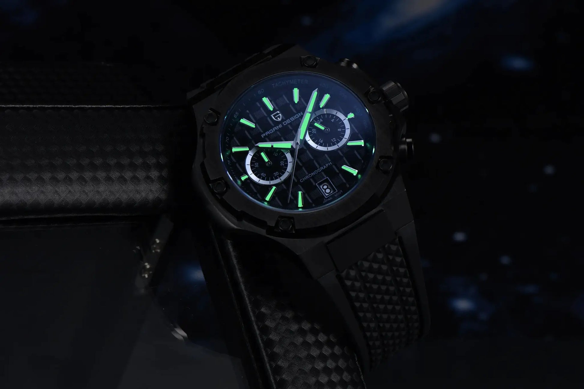 Pagani Design men's watch with black case, blue dial, green luminous hands, chronograph subdials, fluororubber strap