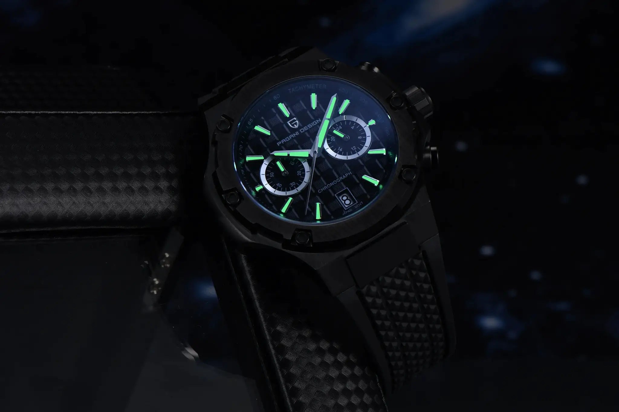 Pagani Design men's watch with black case, blue dial, green luminous hands, chronograph subdials, fluororubber strap