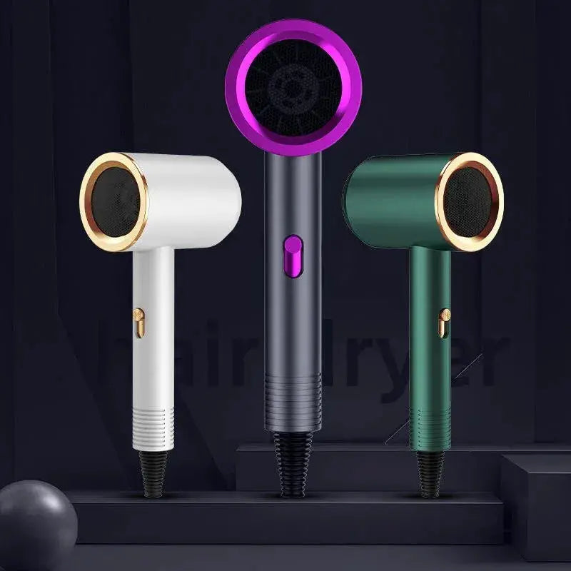 Simples Market high-speed hair dryer set (3) in white, gray, and green with metallic rings.