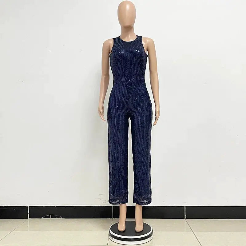 Sequin jumpsuit, navy blue, sleeveless, high-waist, ankle-length, Simples Market