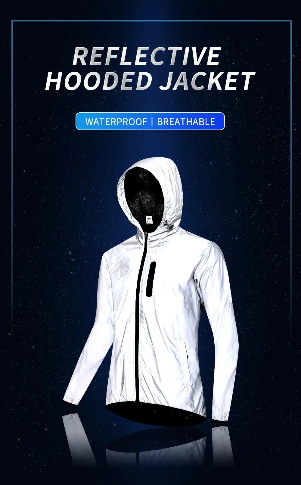 WOSAWE men's fully reflective hooded jacket, white lightweight waterproof windbreaker