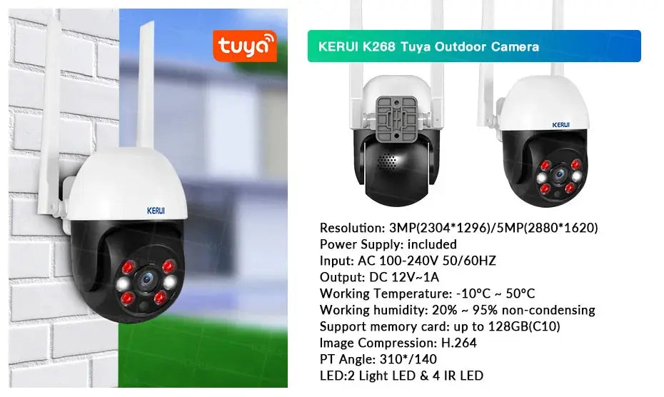 KERUI K268 Tuya outdoor security camera pair mounted on a white wall with red LED lights.