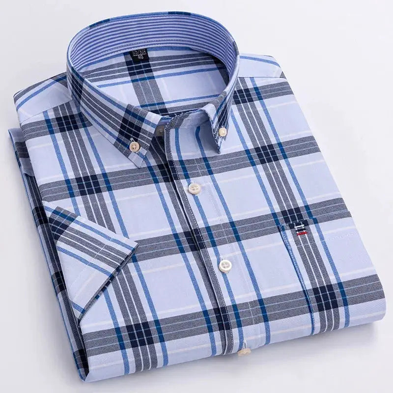 Simples Market men's blue plaid Oxford shirt, 100% cotton, short sleeve, regular fit.