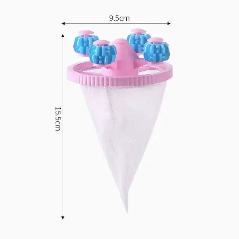 Washing machine lint filter bag with pink top ring and blue roller heads, reusable white mesh cone.