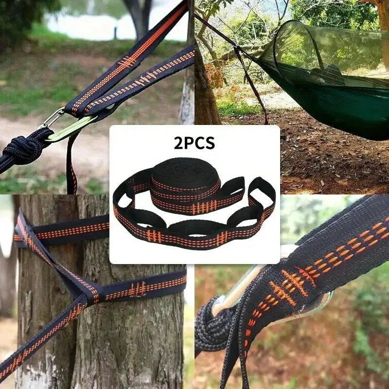 Hammock straps (2 pcs), reinforced polyester, black with orange stitching and 5-ring high-load design for camping.