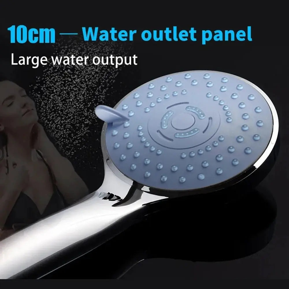 Bathroom hand shower head with chrome handle and blue silicone nozzles; large 10cm water outlet panel