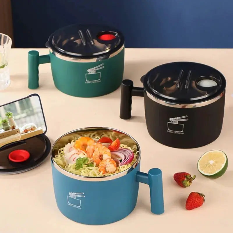 Stainless Steel Noodle Bowl With Lid Sealed Portable Drain Bowl