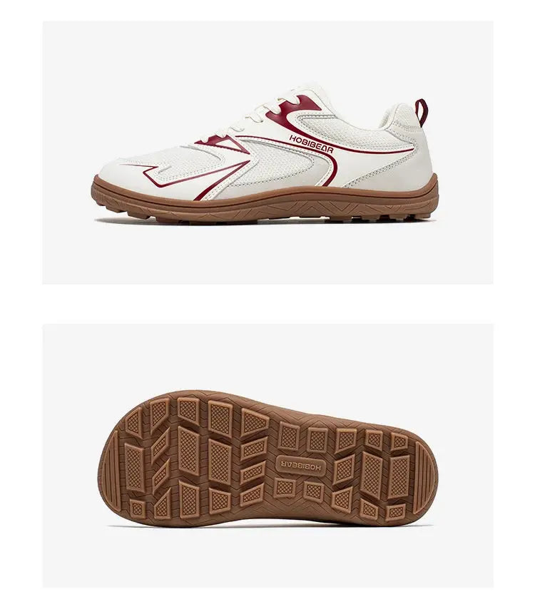 HOBIBEAR barefoot minimalist sneakers, white with red accents and brown outsole, unisex wide width.