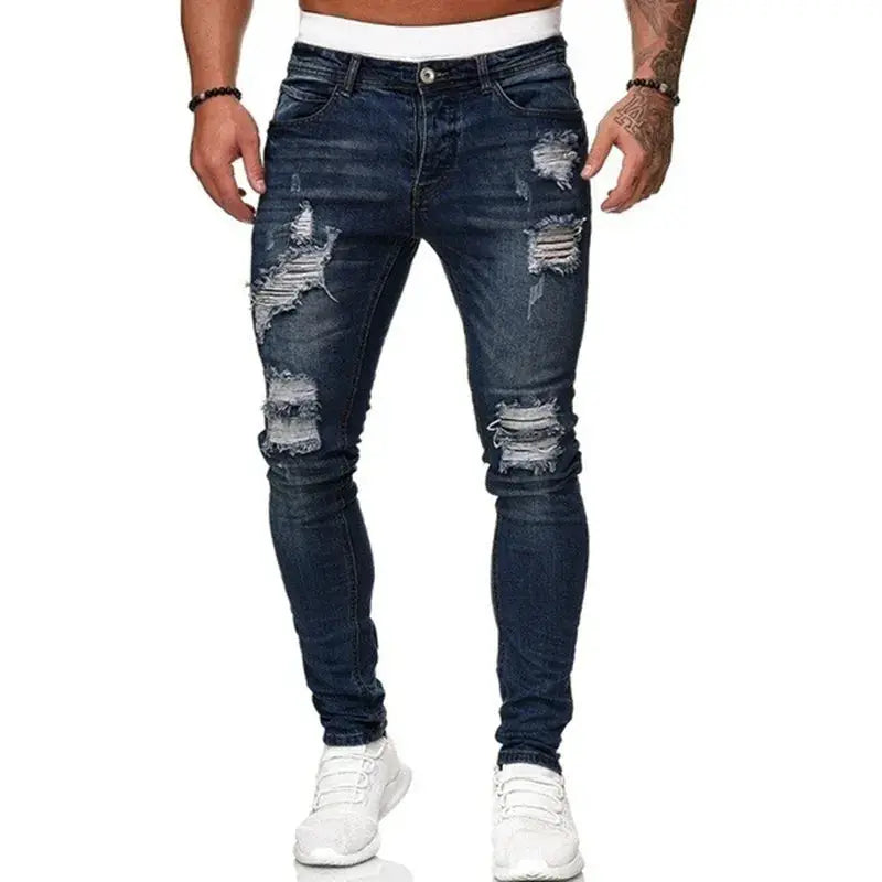 Mens Vintage Ripped Skinny Jeans Street Style Denim Pants Slim Fit