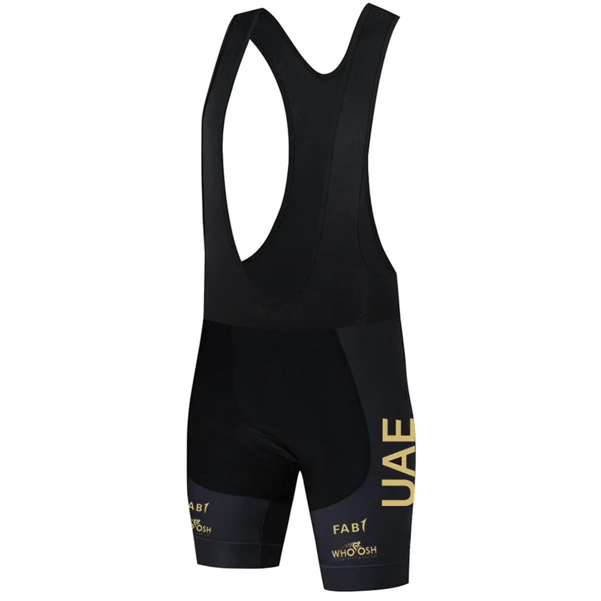 UAE cycling bib shorts for men, black with gold UAE lettering on leg panels