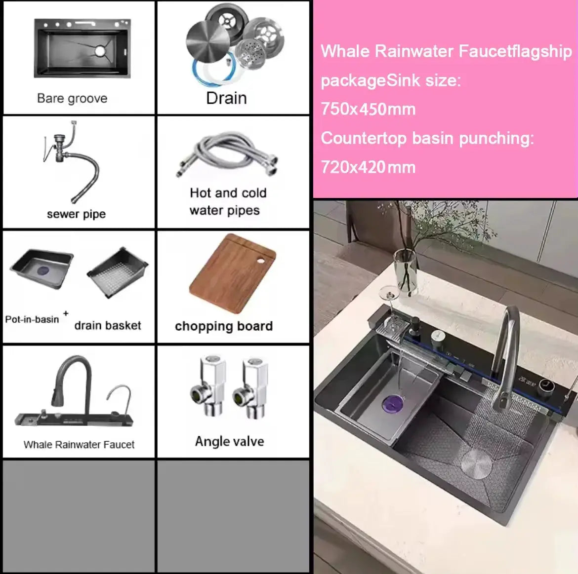 Simples Market 2026 integrated waterfall kitchen sink with stainless steel finish, soap dispenser and cup washer
