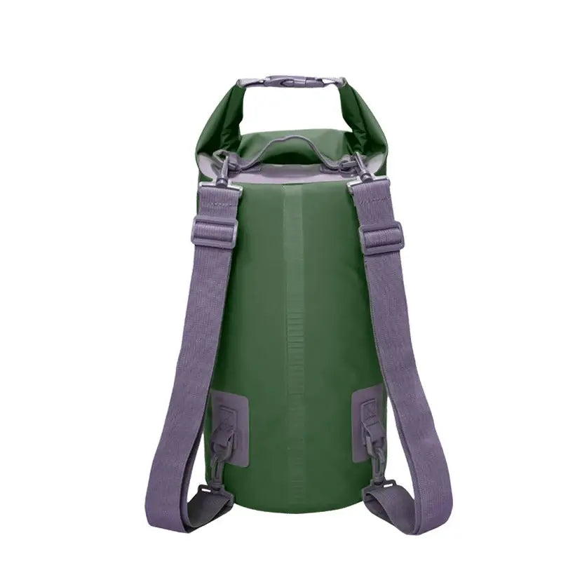 Simples Market PVC waterproof dry bag in green with two purple adjustable shoulder straps.