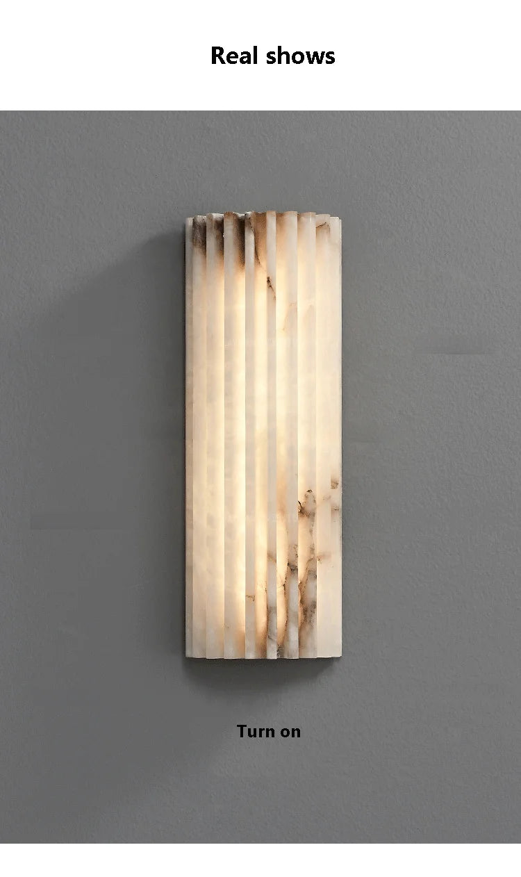 Marble wall lamp with vertical ribbed panel, warm LED light, modern minimalist bedside sconce