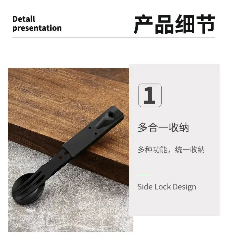 Portable multifunctional stainless steel camping tool set in black by Simples Market with spoon, fork and whistle