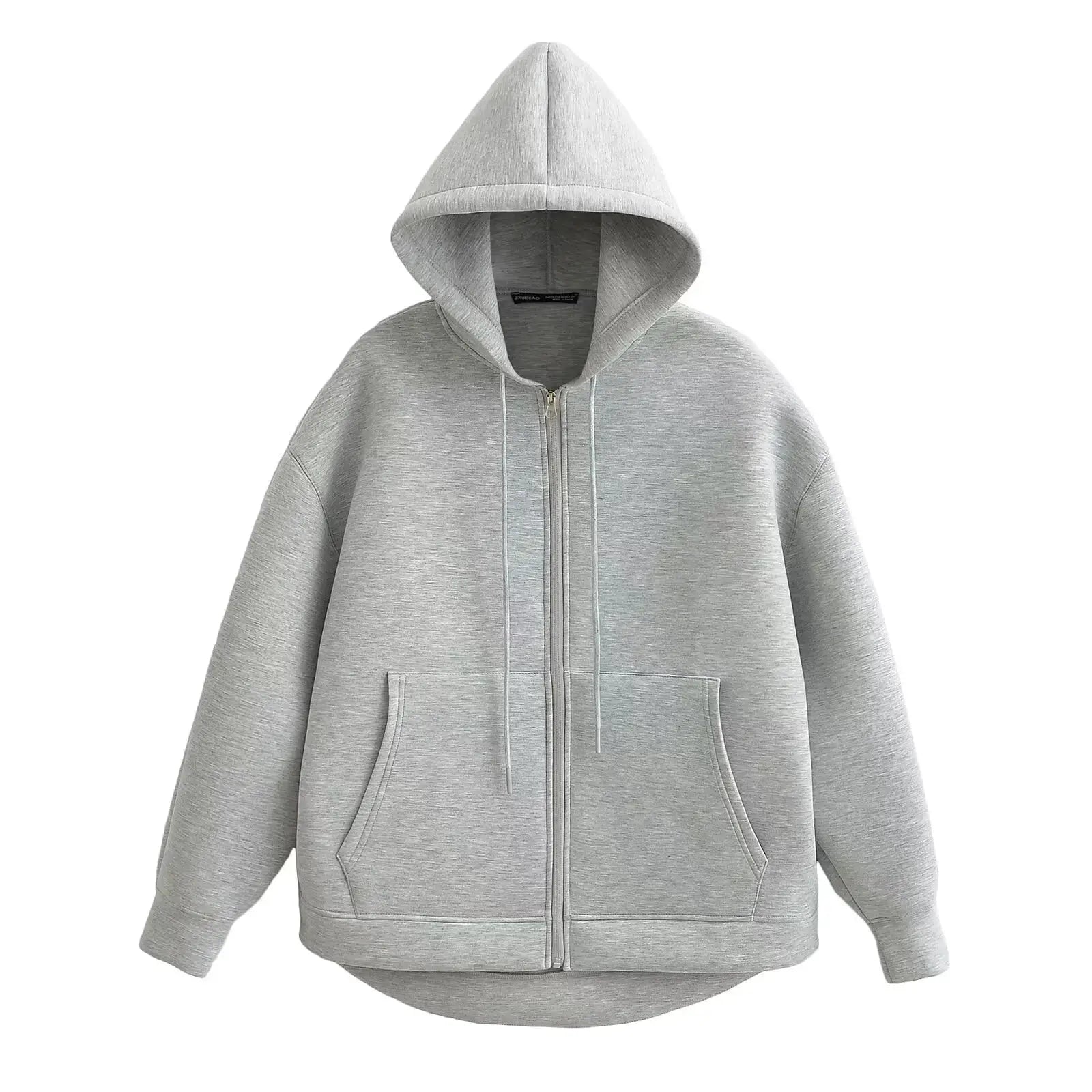 Autumn Gray Hooded Jacket For Women With Big Pockets And Zipper Closure Relaxed Casual Fit For Everyday Comfort