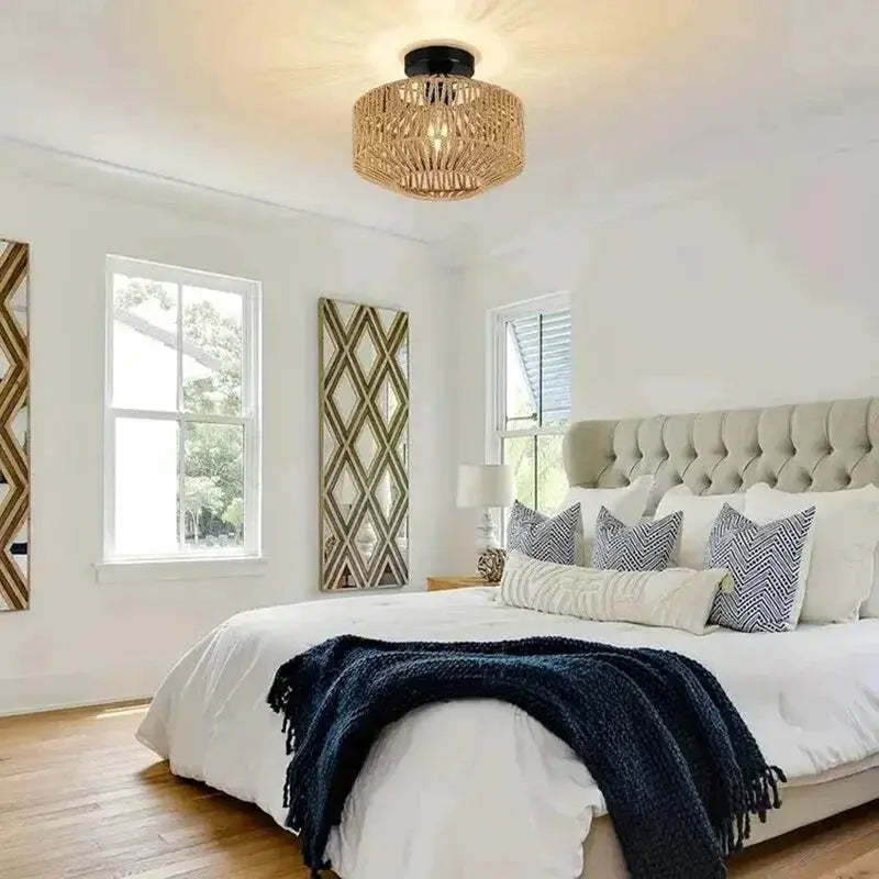 Natural bamboo ceiling chandelier by Simples Market; handmade rattan pendant light for living room decor