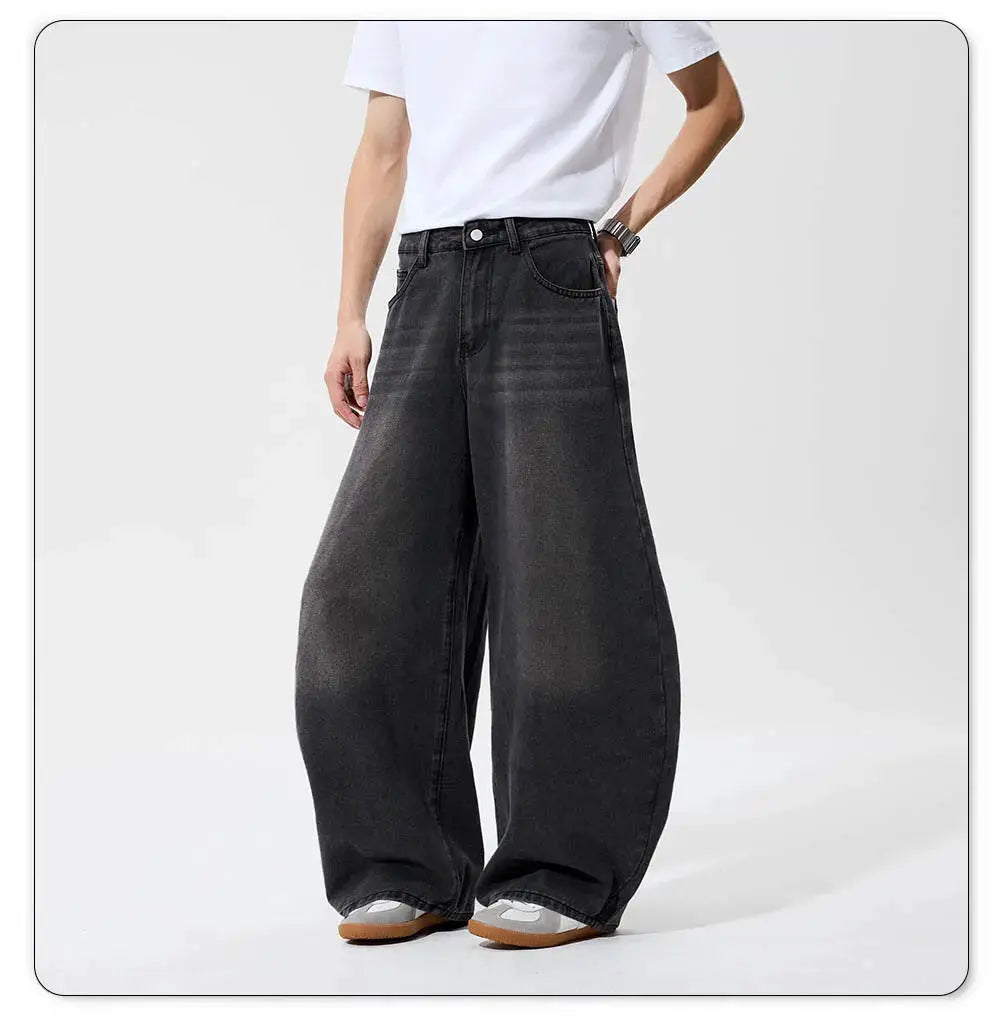 Simples Market denim jeans, men's retro grey-black baggy wide-leg pants with street Goth vibe.