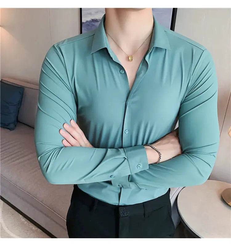 Men's plus-size 4XL teal long-sleeve slim-fit shirt