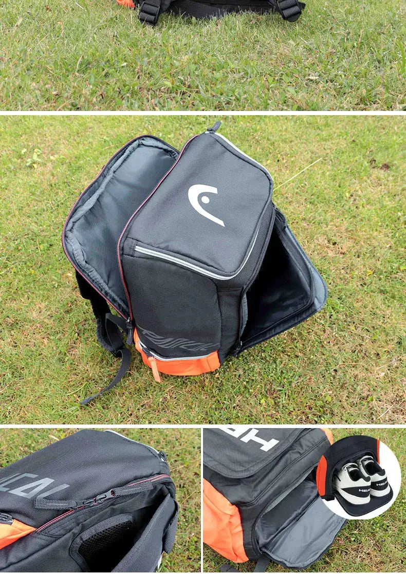 HEAD Original Radical tennis backpack in dark gray with orange accents; HEAD logo visible.