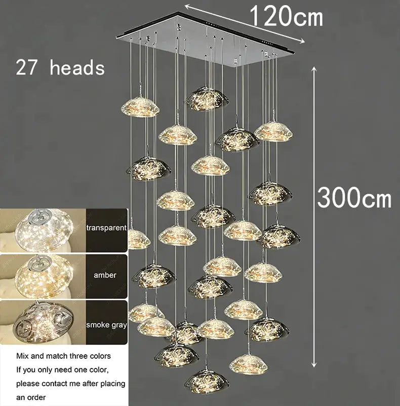 Modern pendant chandelier with 27 glass domes; 120 cm wide, 300 cm tall; Simples Market multi-color options.