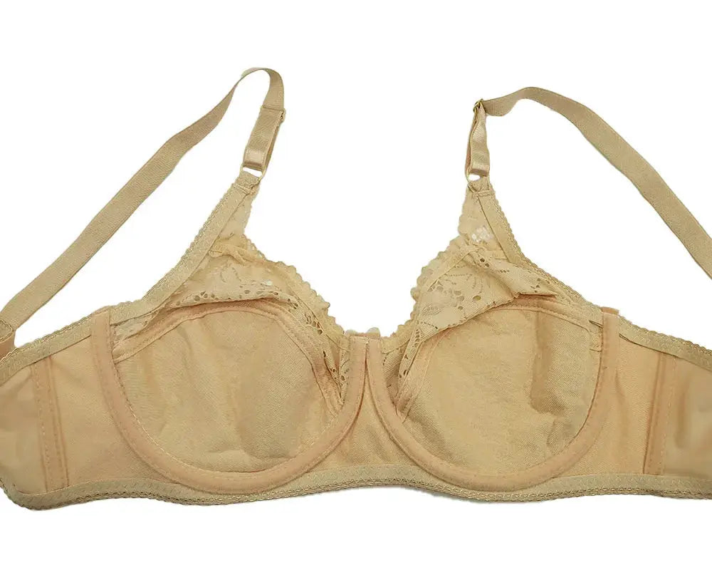Simples Market beige lace full-cup underwire bra with floral trim and light padding