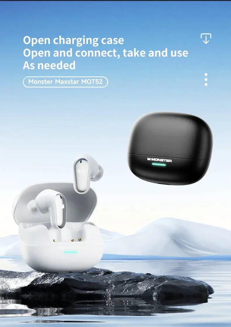 Monster MQT52 TWS wireless gaming earbuds with white charging case and black case, two cases, Simples Market