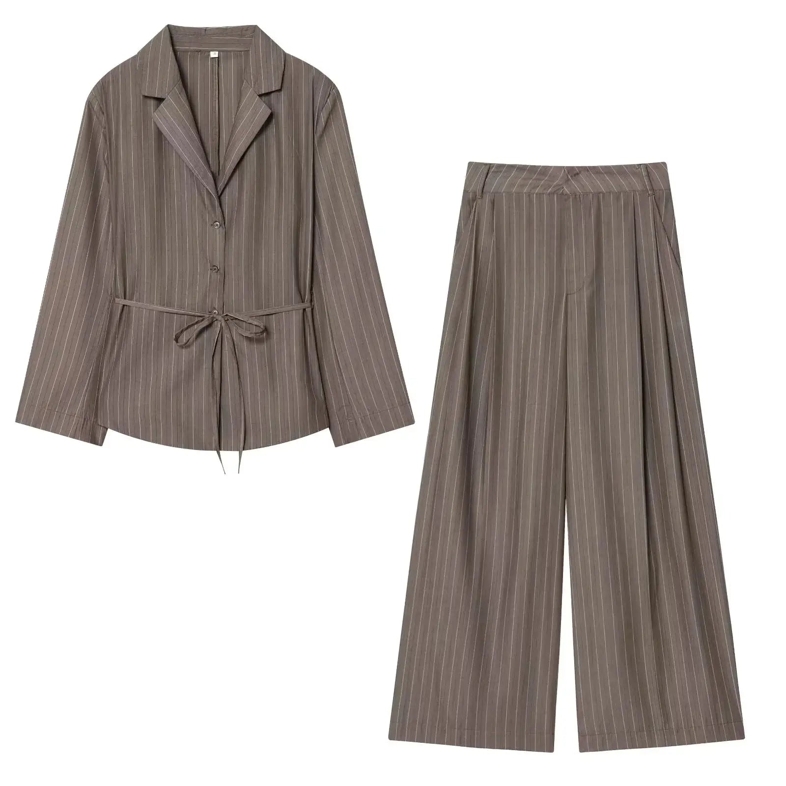 KONDALA brown striped single-breasted blazer suit with waist tie and wide-leg pants by Simples Market