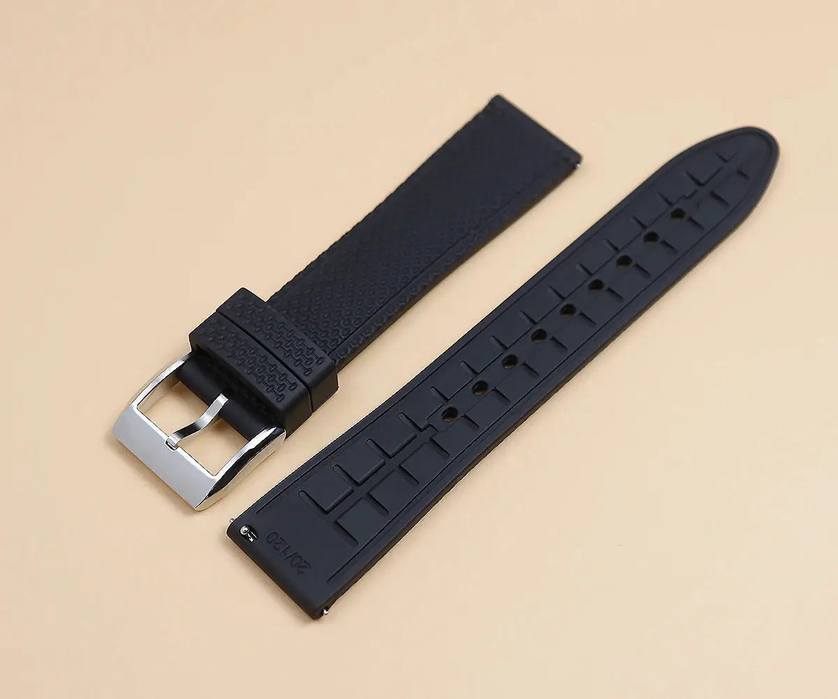 Cronos watch strap, black silicone with stainless steel buckle, 2-piece set