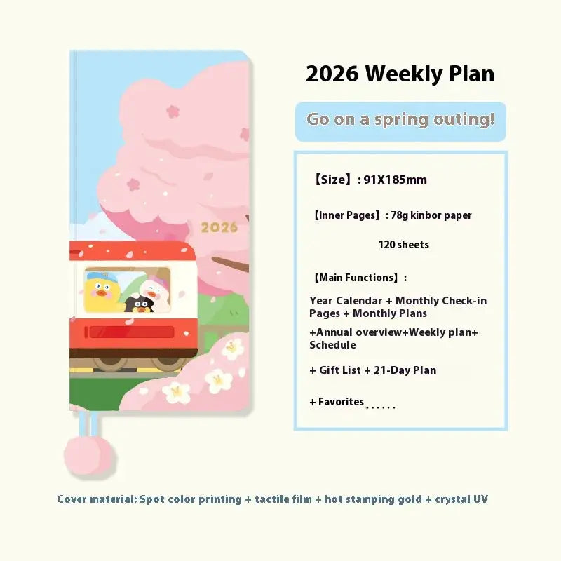 Kinbor 2026 weekly planner pocket notebook; pastel blue spine and pink cherry-blossom cover with red bus