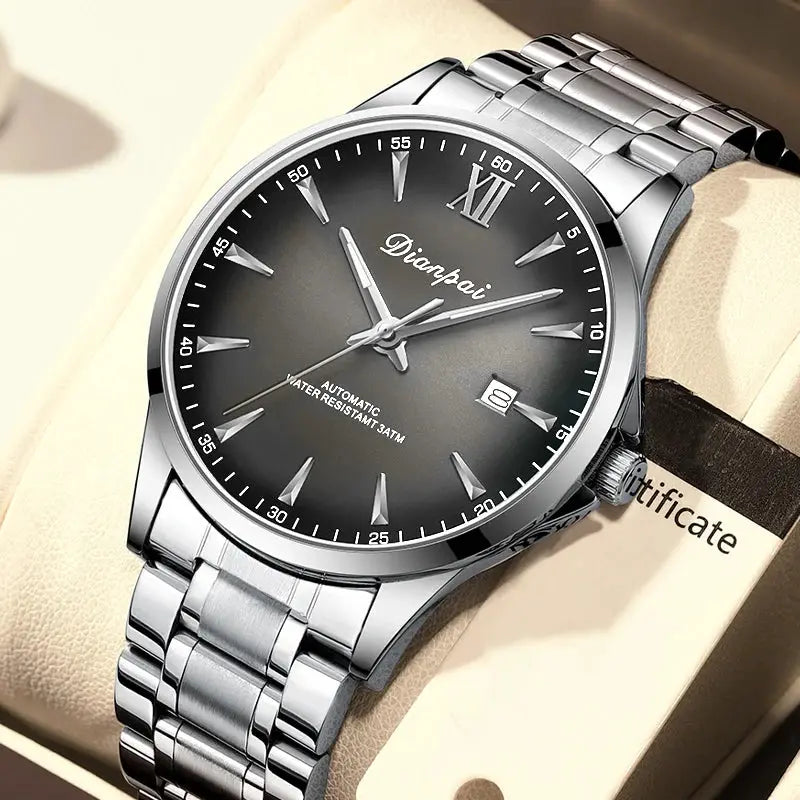 Dianpai stainless steel men's automatic watch with black dial, date window, water resistant.