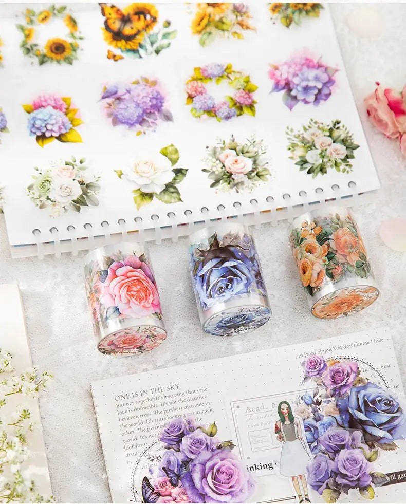 Mr.paper PET Washi Tape Flower Garden set with 3 floral rolls in pink, blue and orange rose designs.