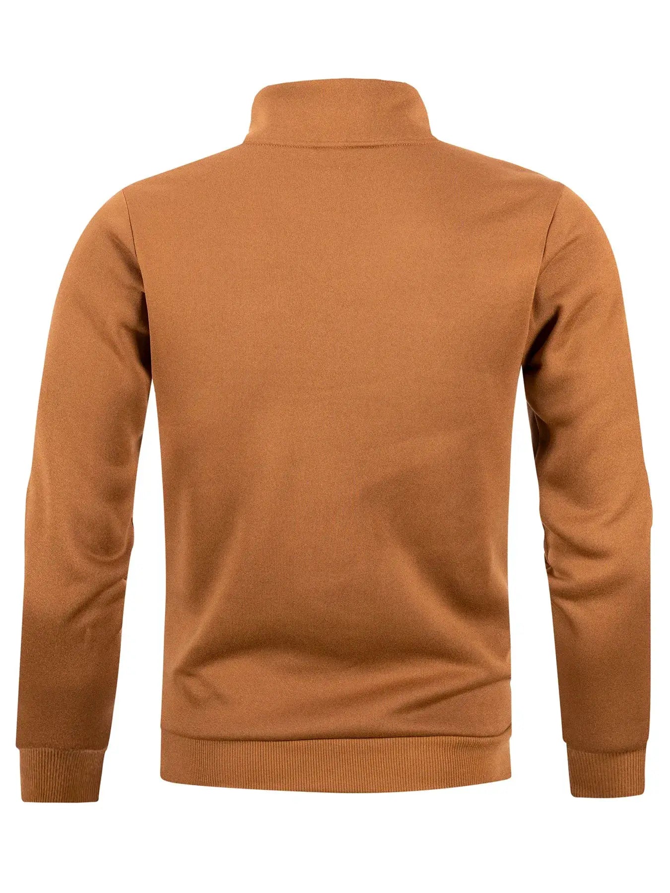 Men's camel brown turtleneck pullover sweater with long sleeves, ribbed cuffs and hem