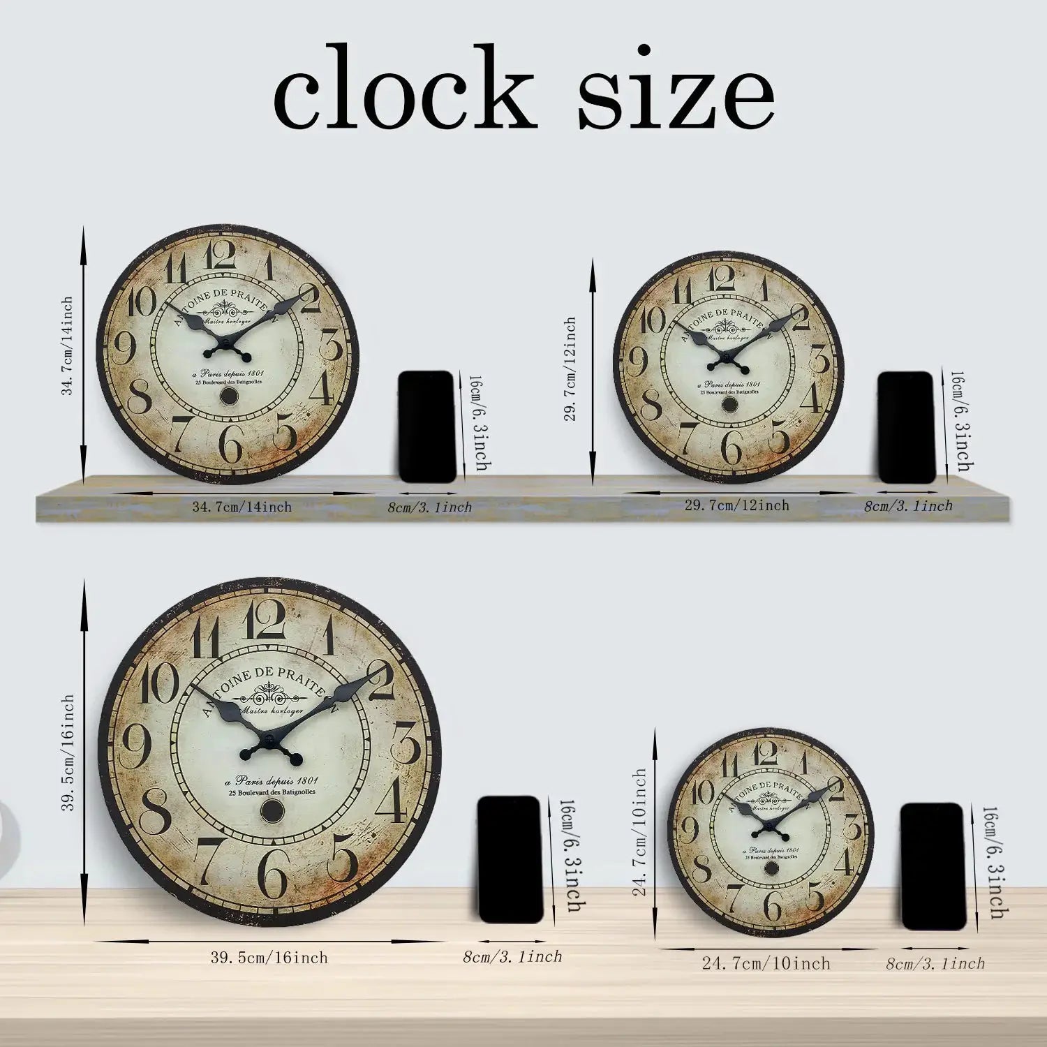Retro Antoine De Praiteon Paris wooden wall clock pair with distressed beige dials on a shelf, Simples Market.